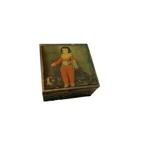 Vintage Gold Toned Child's Silk Portrait Trinket Box Red Velvet Liner by GOYA